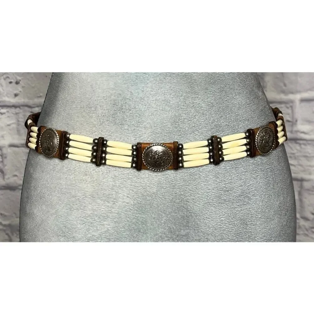 Vintage Tony Lama Western Hair Pipe Bone Bead and Concho Leather Belt